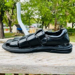 x J. FERRAR Sandals Men Size 12 Black Leather Weaved Slip On Sole Shows No Wear